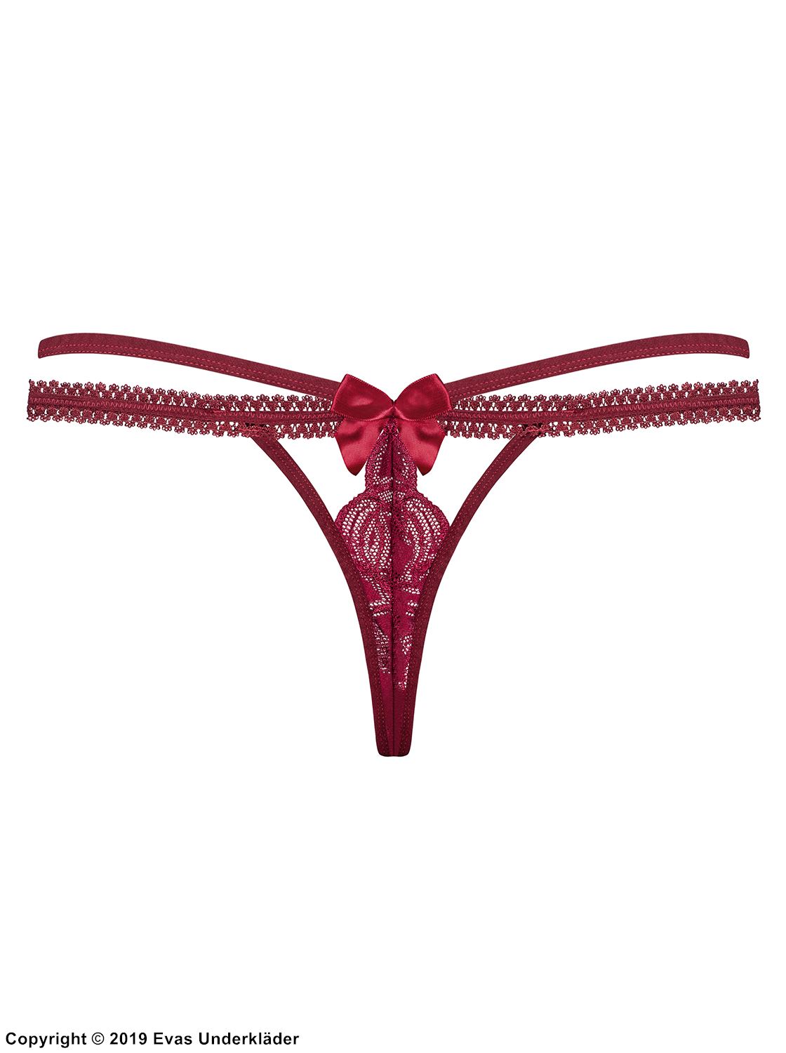 Minimal thong, lace, satin bow, thin straps